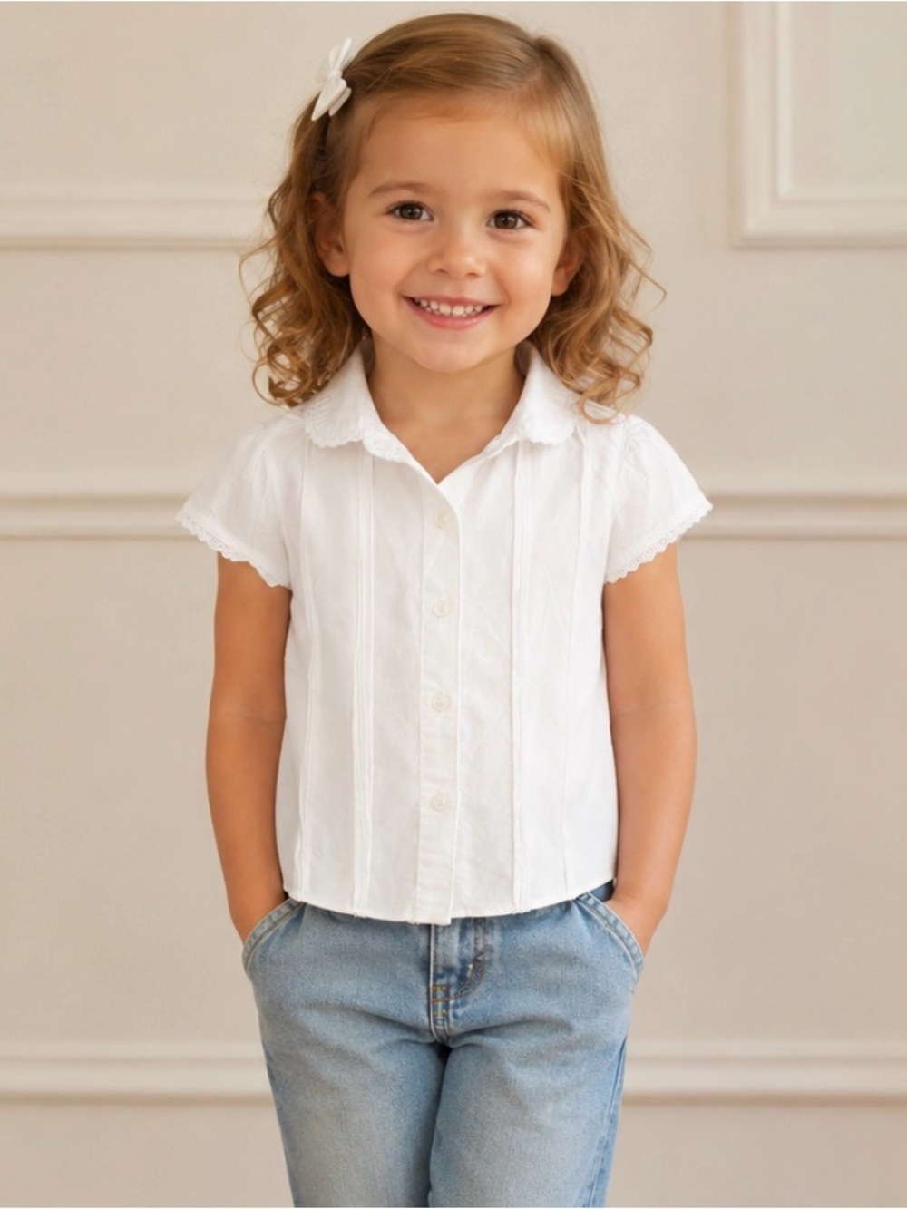 IZOD Girls White Button Front Blouse Size 3T | Eyelet Trim Peter Pan Collar